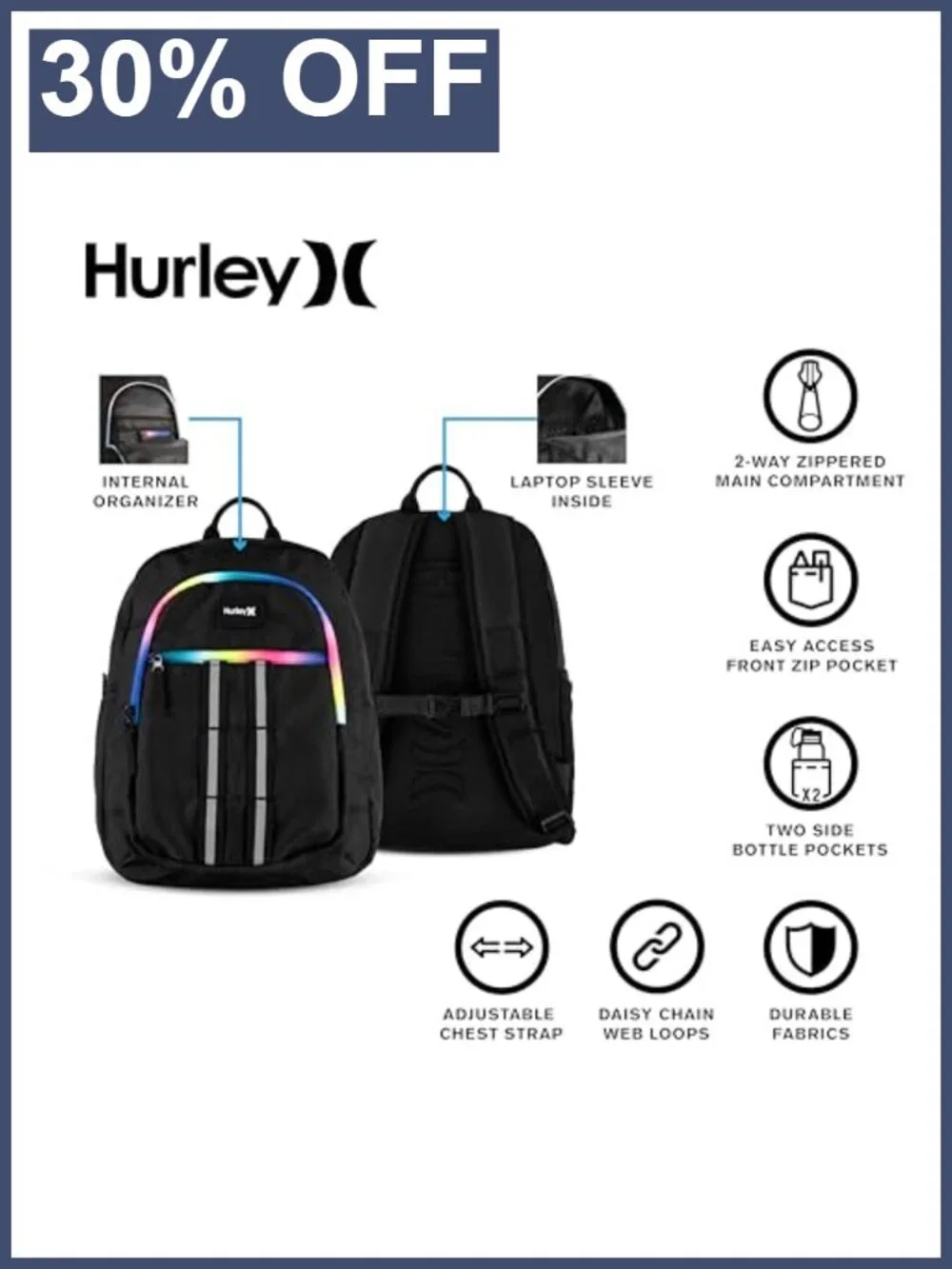 Hurley Kids School Backpack with Laptop Pocket, Water Resistant, Polyester